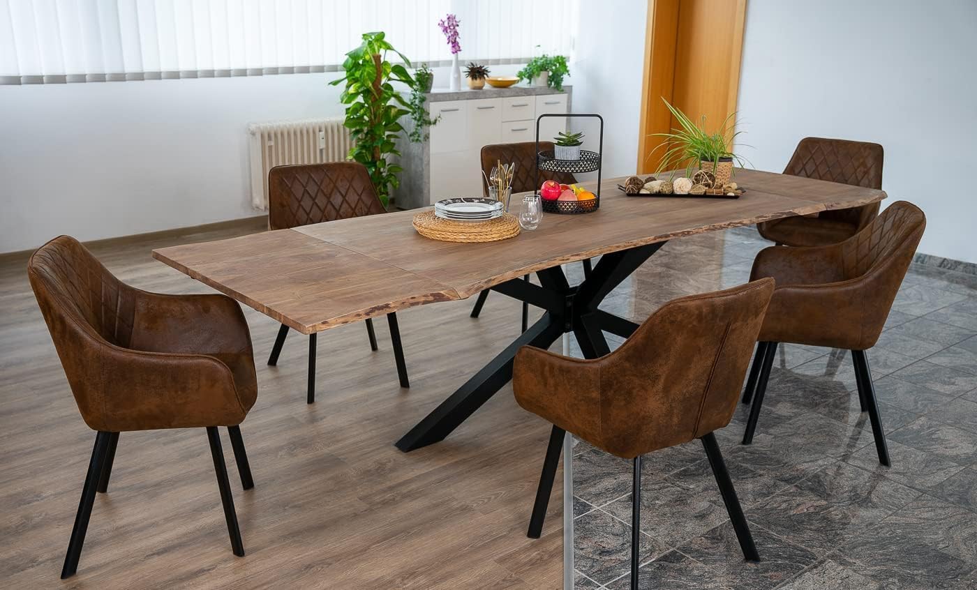 SAM Baumkantentisch 160 (260) x 90 cm Jannik, Akazienholz massiv & stonefarben, Esstisch inkl. 2 Ansteckplatten 50 x 90 cm, echte Baumkante, Spider-Metallgestell in Schwarz