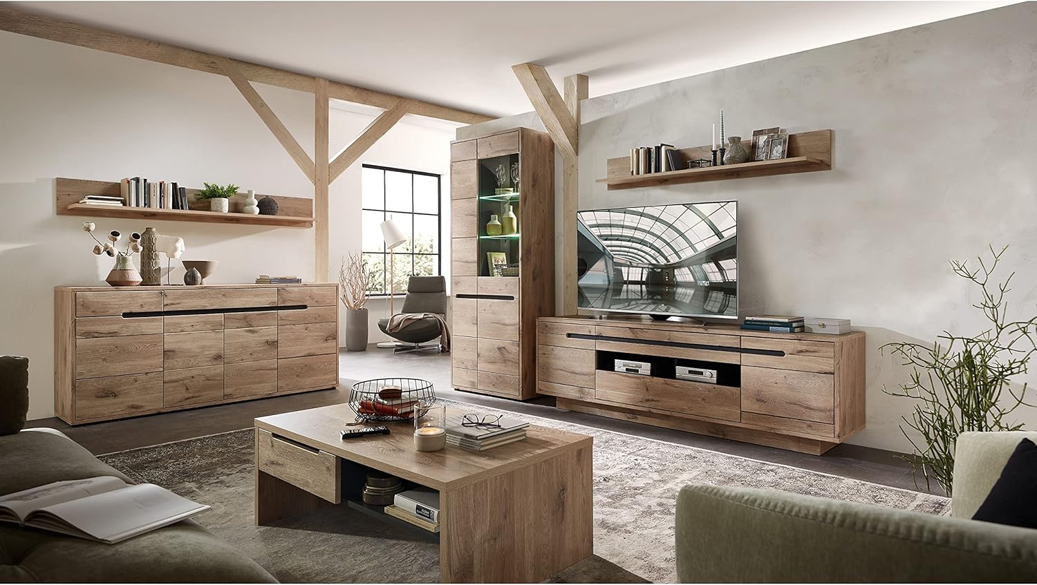 Stella Trading BELLANO TV-Lowboard in Viking Eiche Optik, Graphit - Moderner TV Schrank mit Schubladen und viel Stauraum für Ihr Wohnzimmer - 205 x 63 x 44 cm (B/H/T)