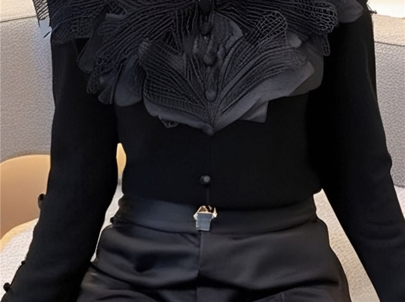 Yohana - Top met lange mouwen, V-hals, mesh ruches en bobbelbreisel