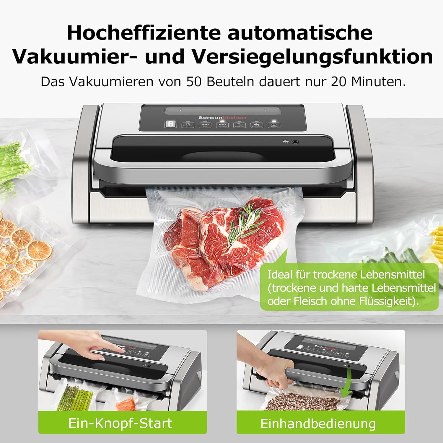 Bonsenkitchen Vakuumiergerät, Vakuumierer-15L/Min Hochleistung, Testsieger Sehr Gut, Design mit Griffverriegelung und Integrierter Schneider, inkl.2 Rollen Vakuumrollen, Silber