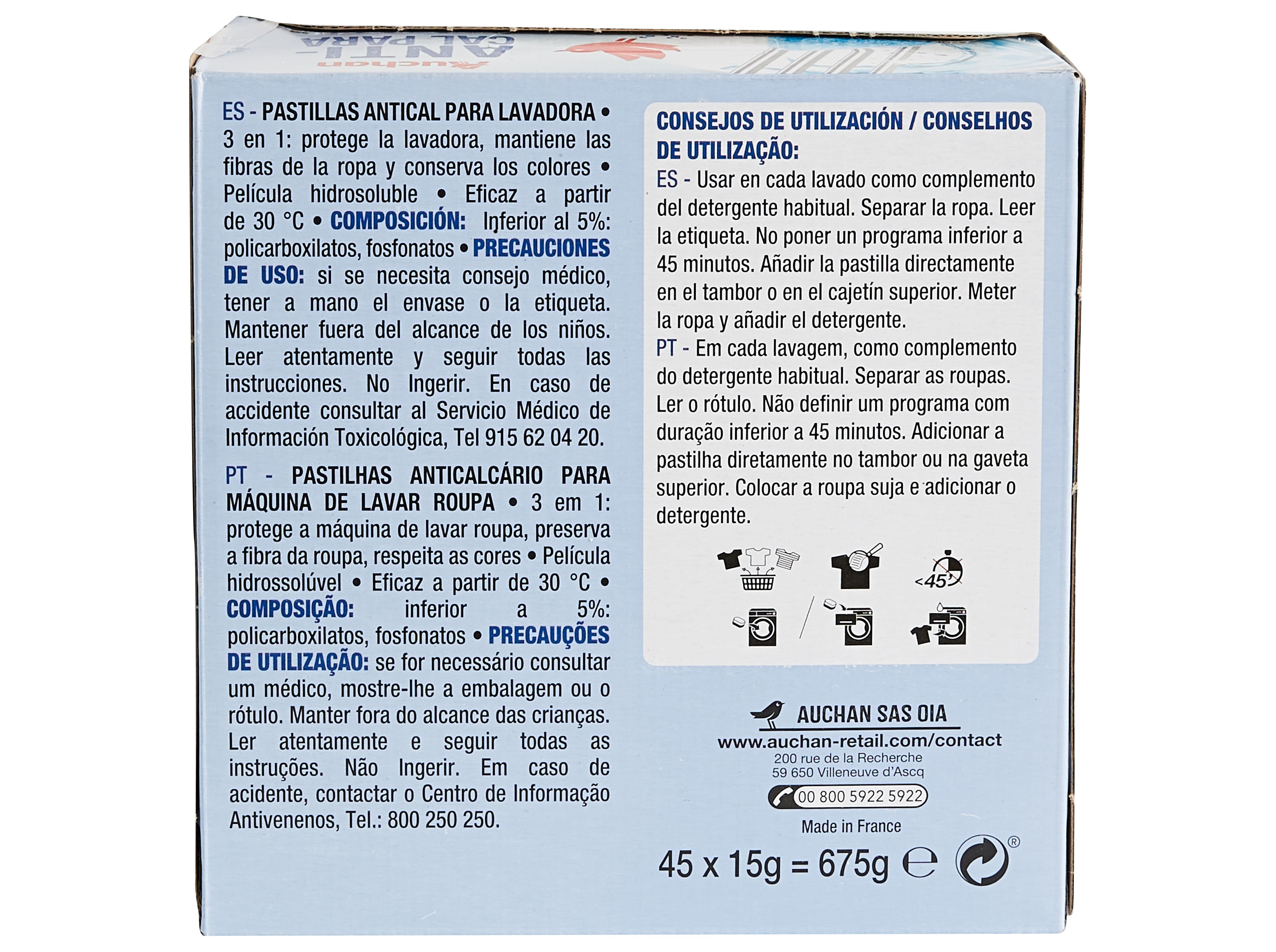 ADITIVO AUCHAN MÁQUINA ROUPA PASTILHAS ANTICALCÁRIO 45UN