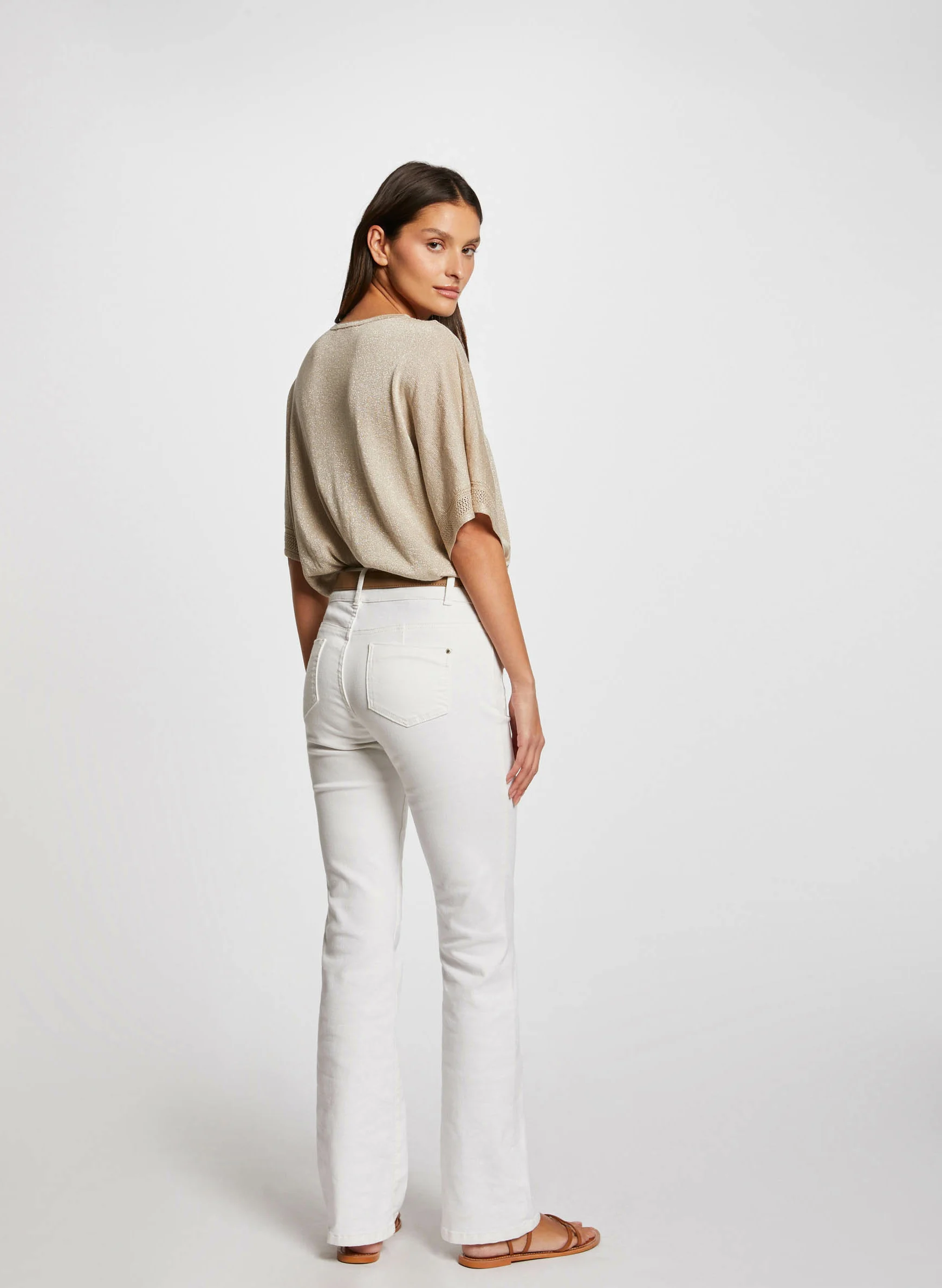 MCHRIS - Pull droit col V à détail métallisé | Beige