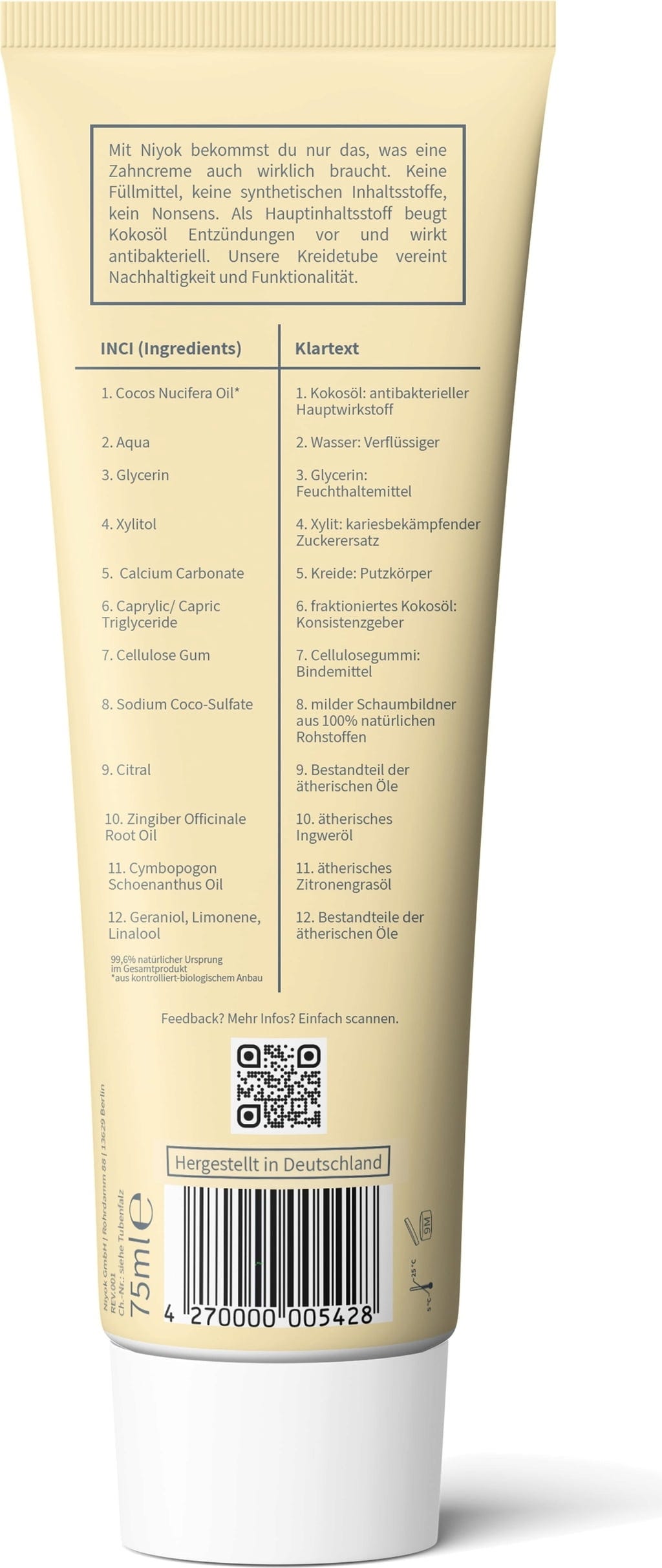 Niyok  Zahncreme Zitronengras & Ingwer, 75 ml