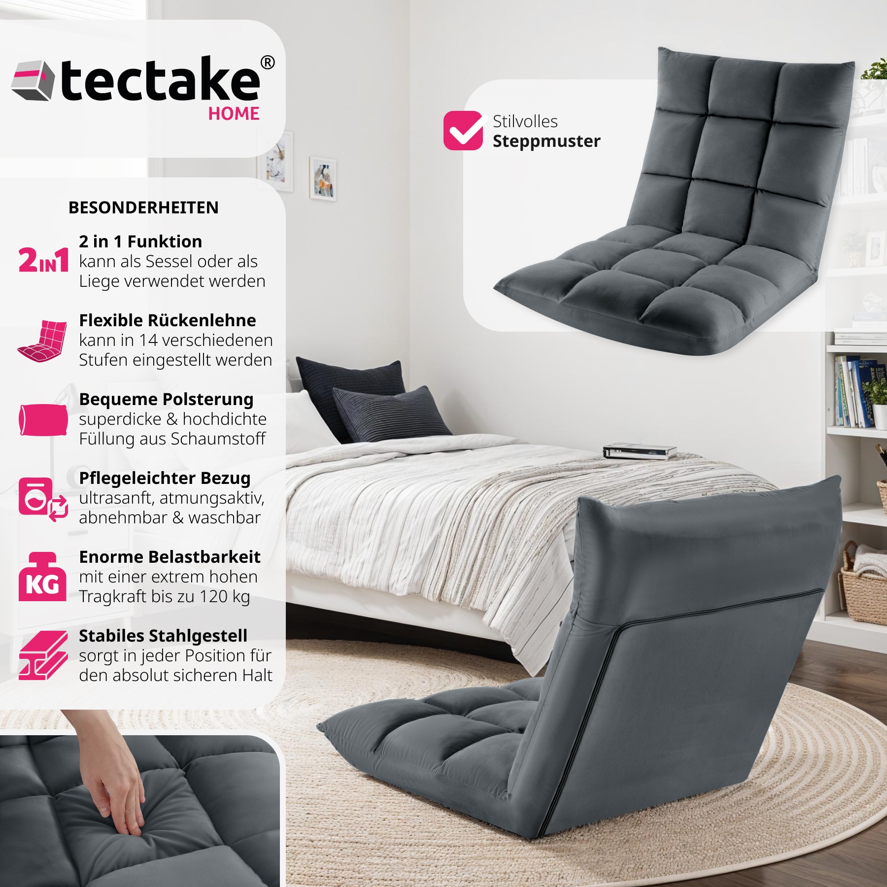 tectake® Relaxsessel , 2 in 1 als Sessel oder Liege, gepolstert, mit Samtbezug, stabiles Stahlgestell, 108 x 57 x 13,5 cm