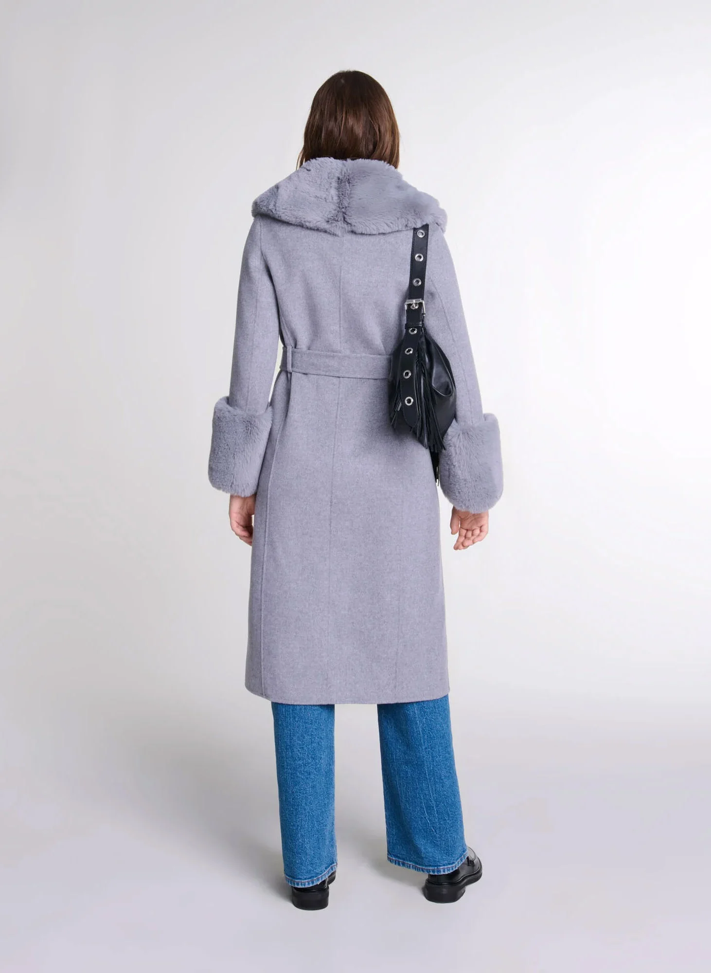 Manteau droit col châle en laine mélangée | Gris