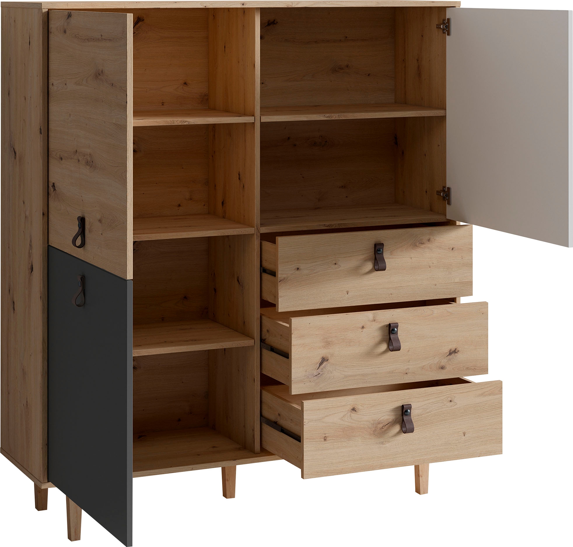 INOSIGN Highboard »Bill, mit drei Schubkästen und drei Türen,« 120cm Breit mit verstellbaren Einlegeböden, massive Holzbeine