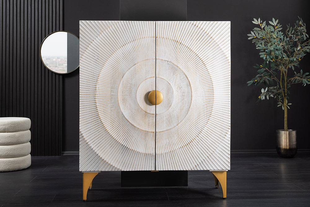 Massives Highboard GOLDEN SUNSET 120cm weiß gold Mangoholz mit 3D Schnitzereien