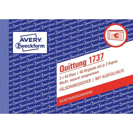 Avery Zweckform 1737 Quittung MwSt. separat ausgewiesen, A6 quer, selbstdurchschreibend, 3x40 Blatt