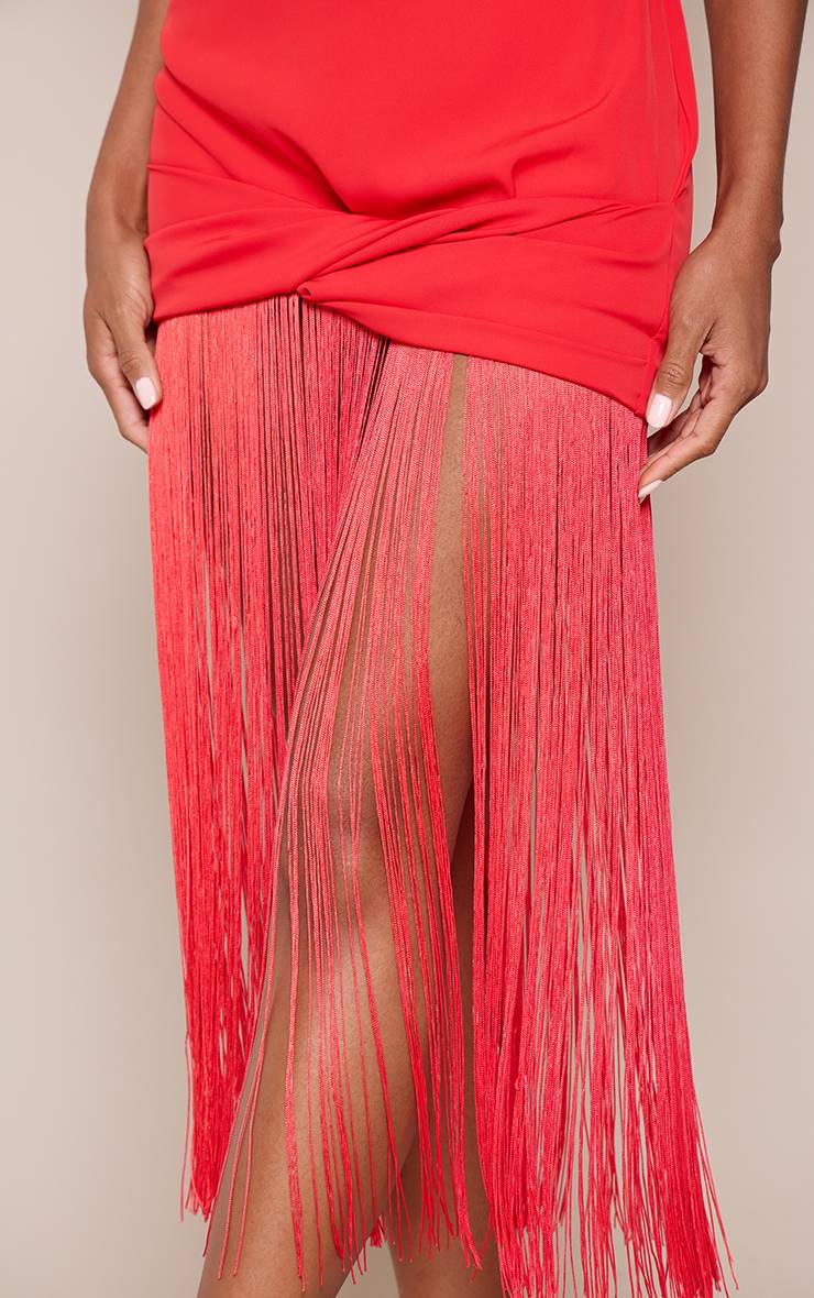 Rouge Robe Longue Sans Manches À Franges Tissées