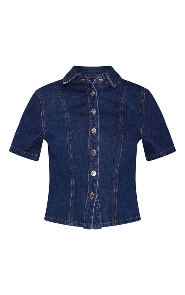 Bleu Indigo Chemise En Jean À Manches Courtes Boutonnée