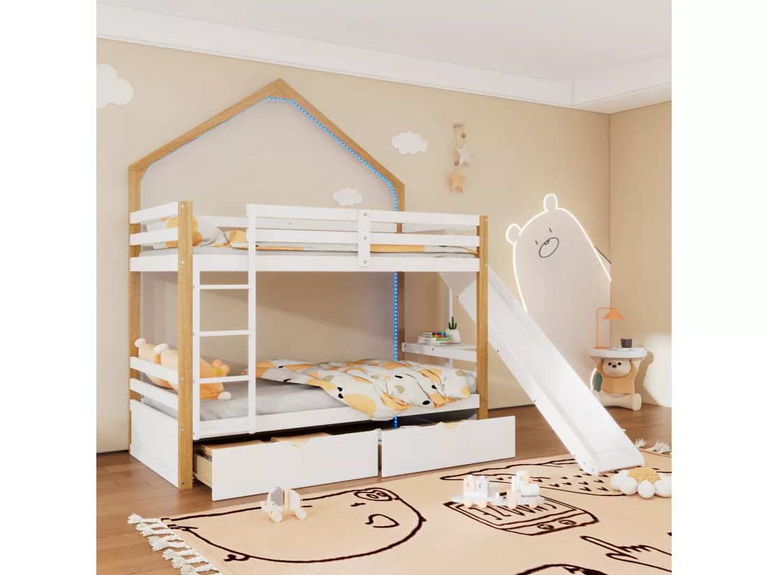 Lit superposé 90x200 cm - en bois de pin et MDF - avec LED, 2 tiroirs, échelle et toboggan - Blanc