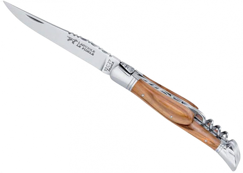 Couteau Laguiole bombé avec un manche en Olivier et tire bouchon et mitres Inox