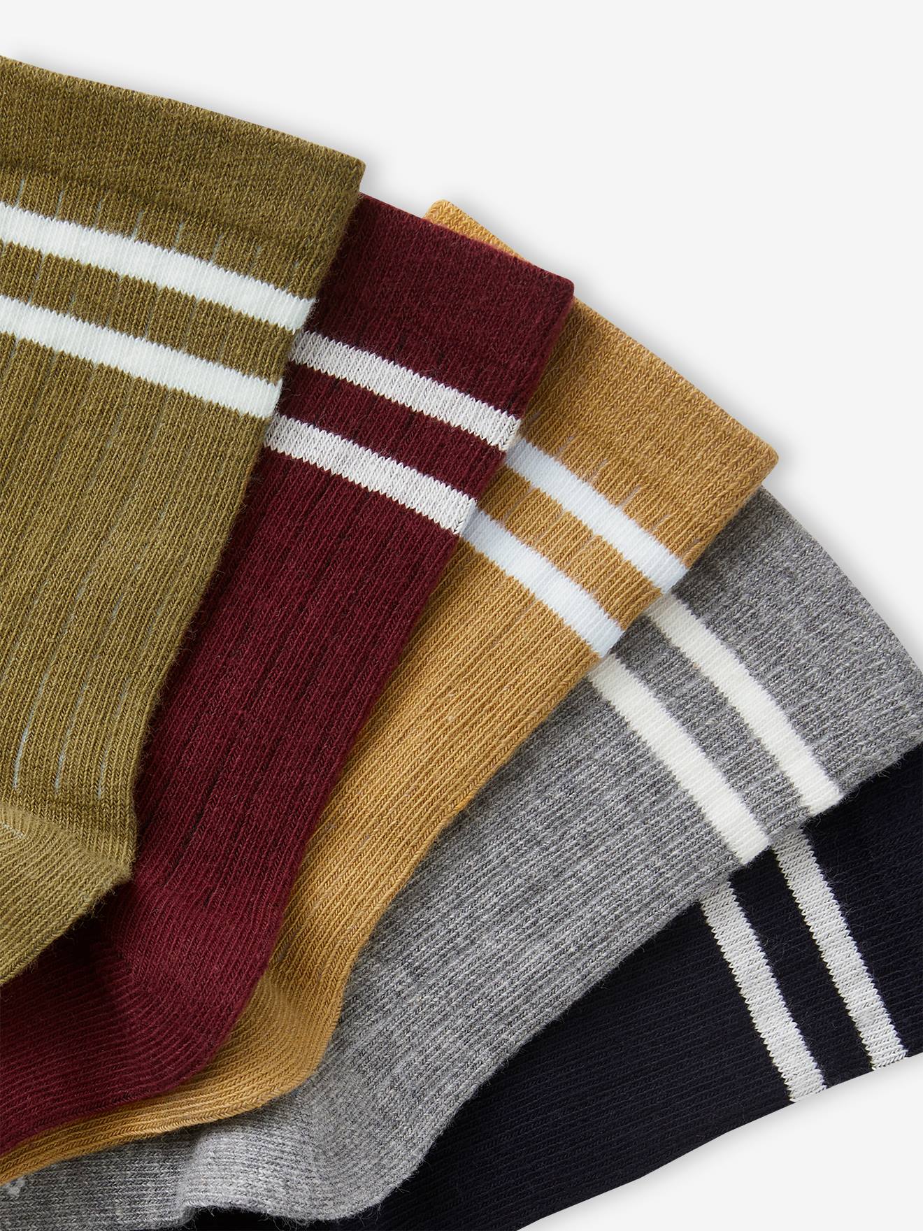 Pacote com 5 pares de meias listradas caneladas para meninos, cor cáqui.