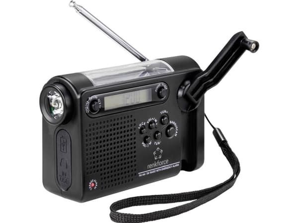 Renkforce RF-CR-200 Kuffertradio FM, AM (1018), KW Nødradio genopladelig, Solcellepanel, Håndsving, Vækkefunktion, Lommelygte Sort