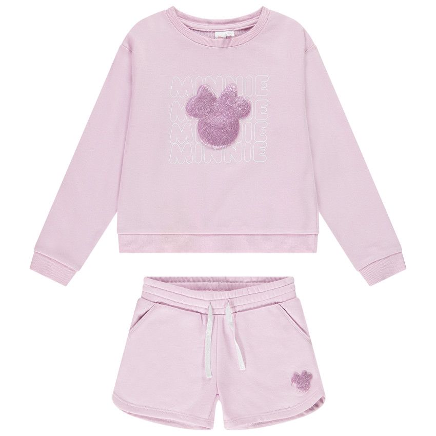 Ensemble sweat print glitter en relief + short Minnie Disney pour fille - Lilas