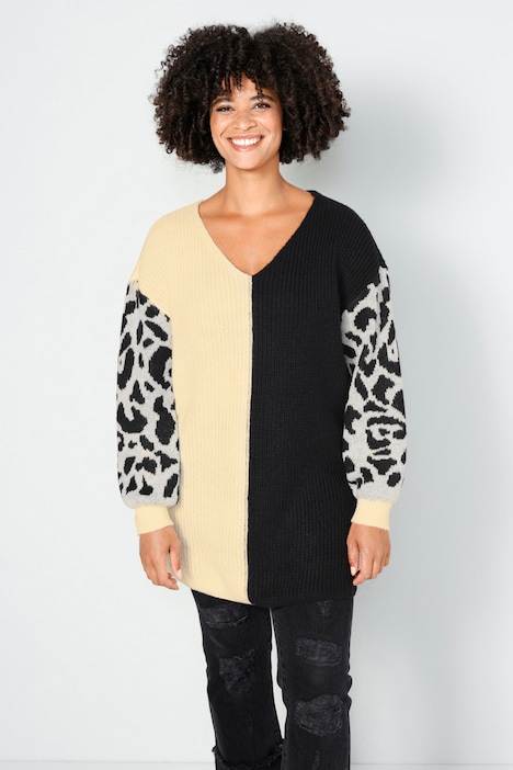 Long-Pullover, oversized, Rippstrick, Leo-Ärmel, V-Ausschnitt
