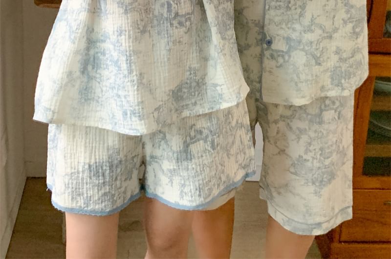Sadelle - Koppel bijpassende pyjamatop met ronde hals, elleboogmouwen, tie-dye ruches, reverskraag en knoopjes, top, shorts en set (verschillende ontwerpen)
