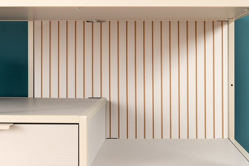Modernes Bücherregal SLIM LINE 115cm champagner beige Metall mit Schubladen