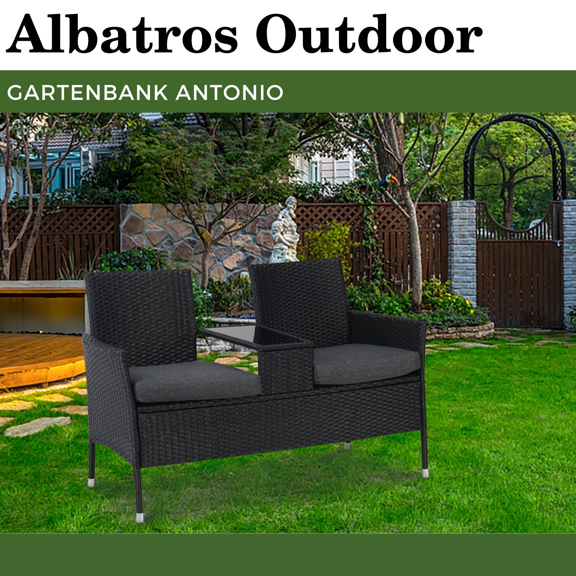 Albatros Gartenbank ANTONIO – Polyrattan Bank – 2-Sitzer Gartenbank mit Tischplatte aus Glas – UV beständig wetterfest – Stoffpolster – 134x82x55cm schwarz – VIP RELAX Sitzbank