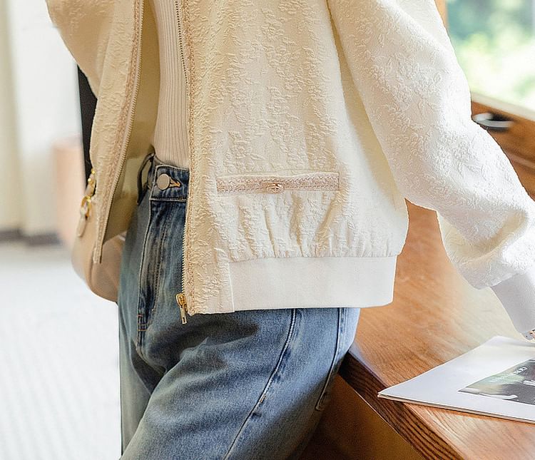 Jeonseon - Effen Jacquard Baseballjack met Bloemenmotief en Ritssluiting