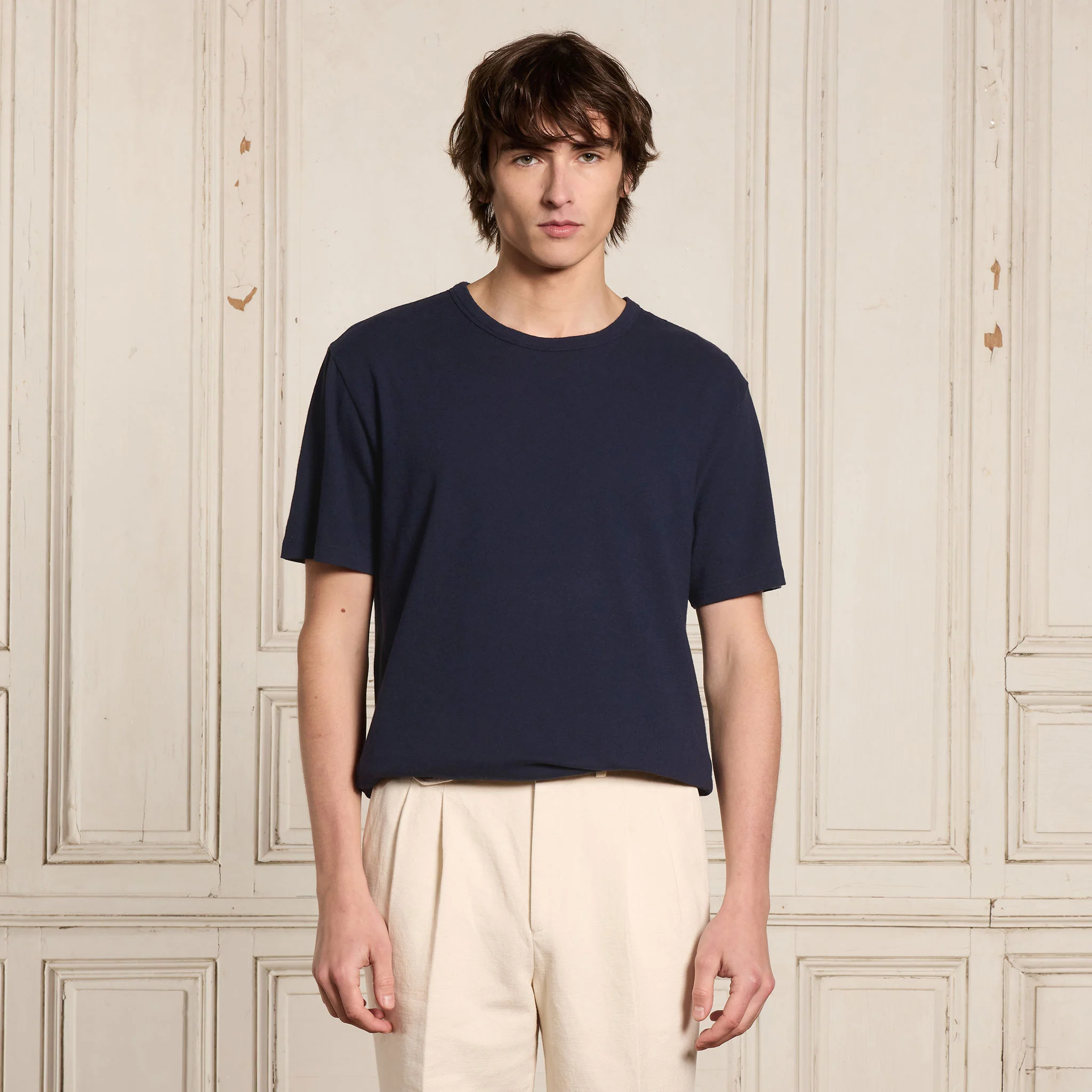 Navy cotton and linen T-shirt