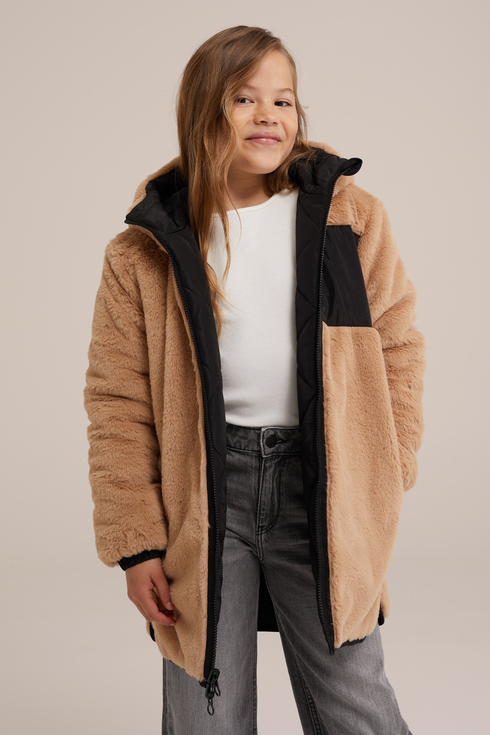 Meisjes reversible jas met imitatiebont WE Fashion Zwart
