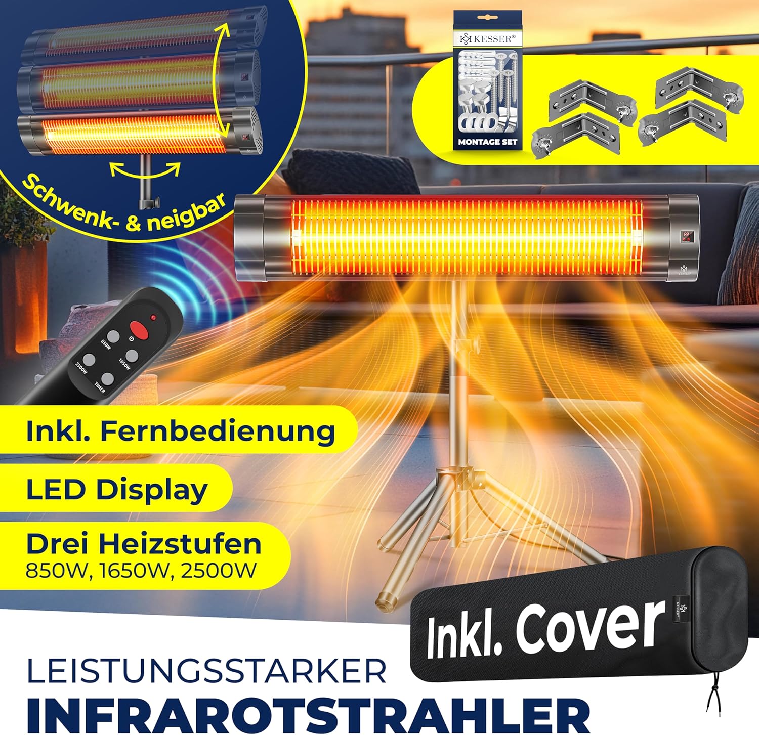 KESSER® Infrarotstrahler Heizstrahler Terrassenstrahler 2500W mit Fernbedienung inkl. Schutzhülle höhenverstellbarem Teleskopstativ Wickeltischstrahler Terrassenheizer Quarzstrahler Infrarot