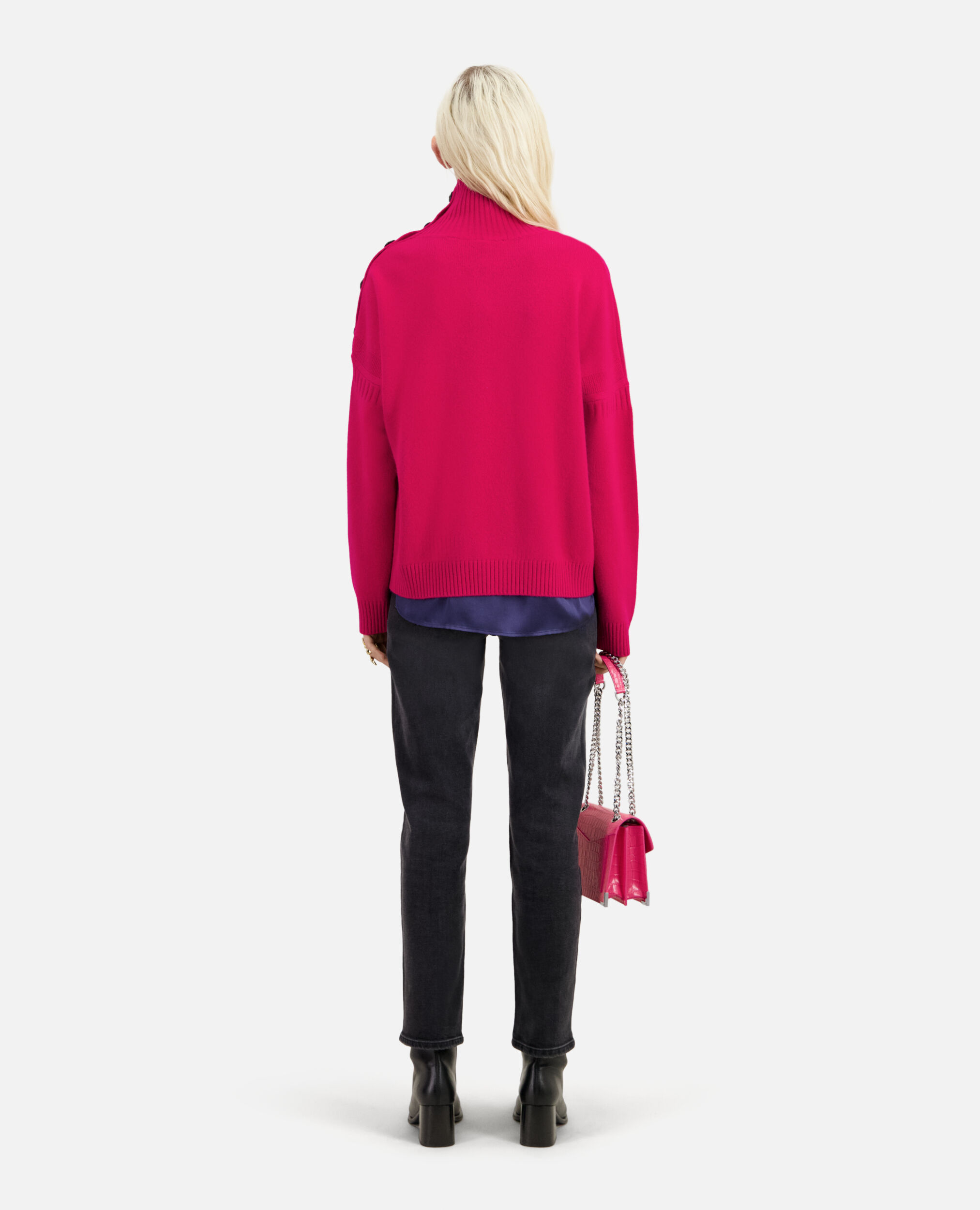 Fuchsia wool and cashmere sweater with buttons