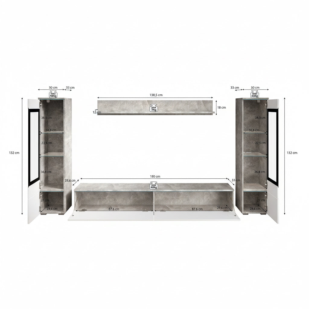 Variety - Wandmeubel - Wit/betonlook - 180x33x132 cm