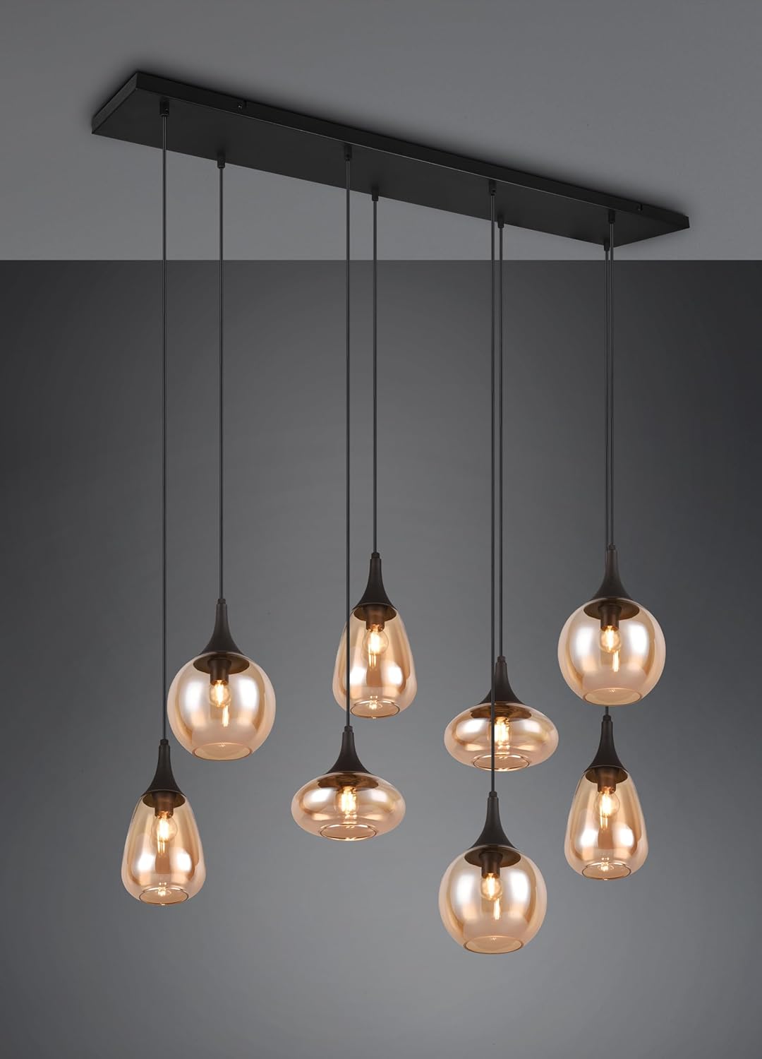 Trio Leuchten Pendelleuchte Lumina 317000813, Metall Schwarz matt, Glas amber, exkl. 8x E14