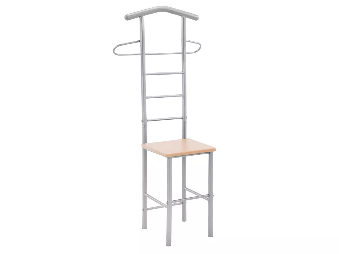 Lot de 2 valets de chambre JIVO chevalets de nuit portants pour vêtements, structure métal argenté avec tablette MDF couleur hêtre