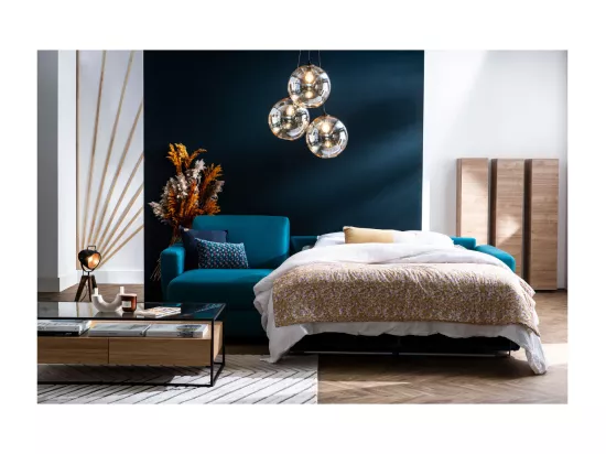 Canapé d'angle convertible réversible avec coffre 4 places en tissu bleu canard et bois clair GRAHAM