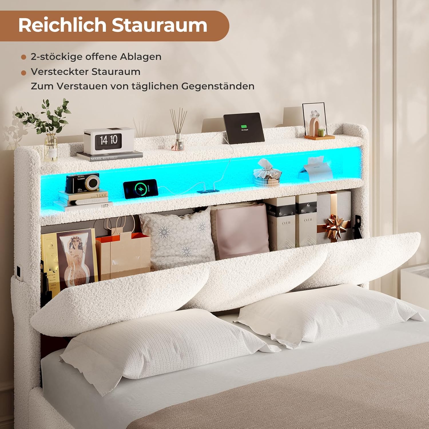 AOGLLATI Polsterbett 140×200 mit Steckdosen und LED-Beleuchtung, Doppelbett mit Stauraum Kopfteil, Bett 140×200 mit Hydraulische Metallrahmen und Lattenrost aus Holz, Bouclé, Beige（Ohne Matratze）