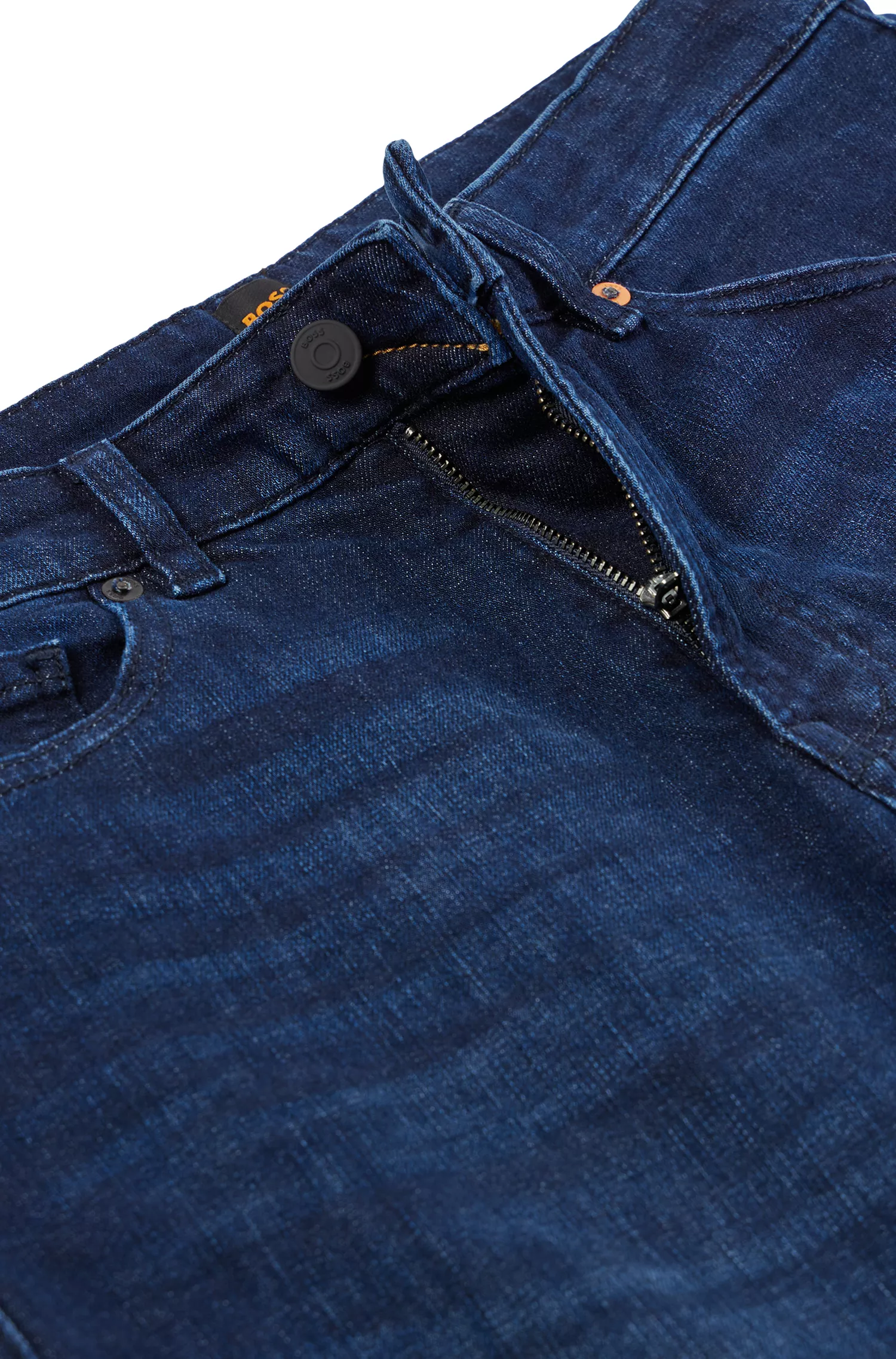 Calça jeans BOSS laranja, corte regular, em denim super elástico azul.