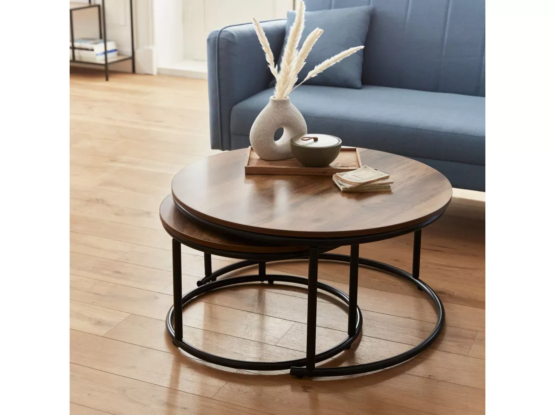 Lot de 2 tables gigognes rondes métal noir. décor bois - Loft - encastrables. 1x Ø77 x H 40cm / x1 Ø57 x H 35cm