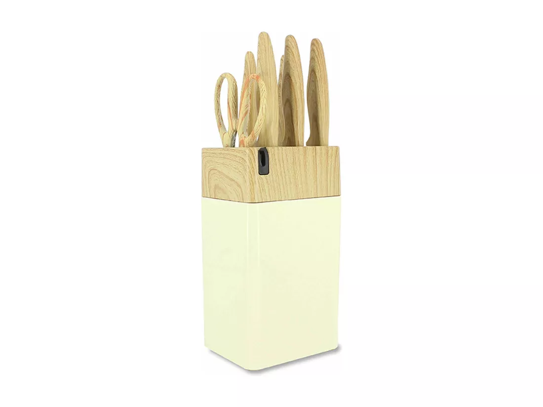 Menastyl - Bloc A Couteaux 6 Pieces En Polypropylene Creme Et Effet Bois