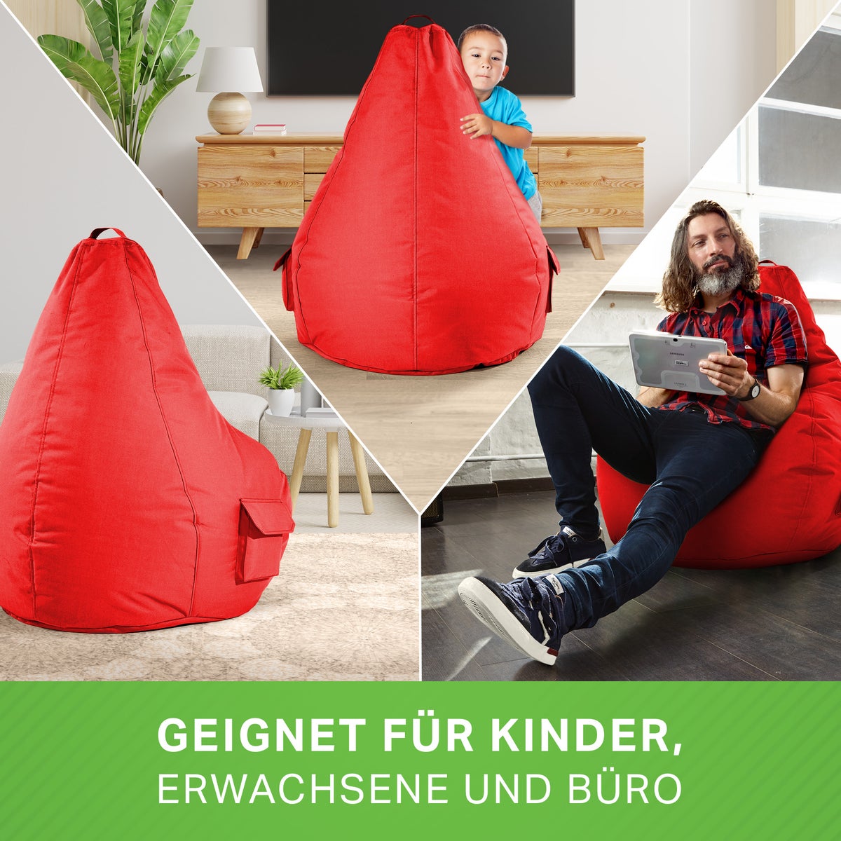 Green Bean Zitzak met rugleuning 80x70x90cm - Gaming stoel met 230L vulling, comfortabel, zacht, wasbaar - Zitzak vloerkussen, loungestoel, voetenbank, relaxstoel, gamer gaming stoel, rood
