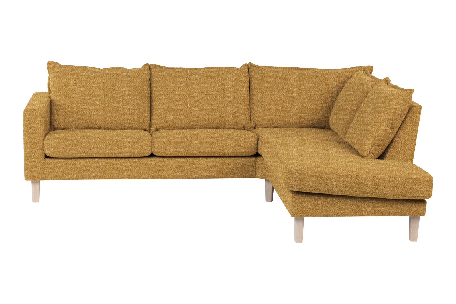 Slogen hjørnesofa Oppsett AH. 2,5-seter med åpen ende høyre. Tekstil Viva Golden med soft ryggpute. Vange B og hvitpigmentert ben 178.