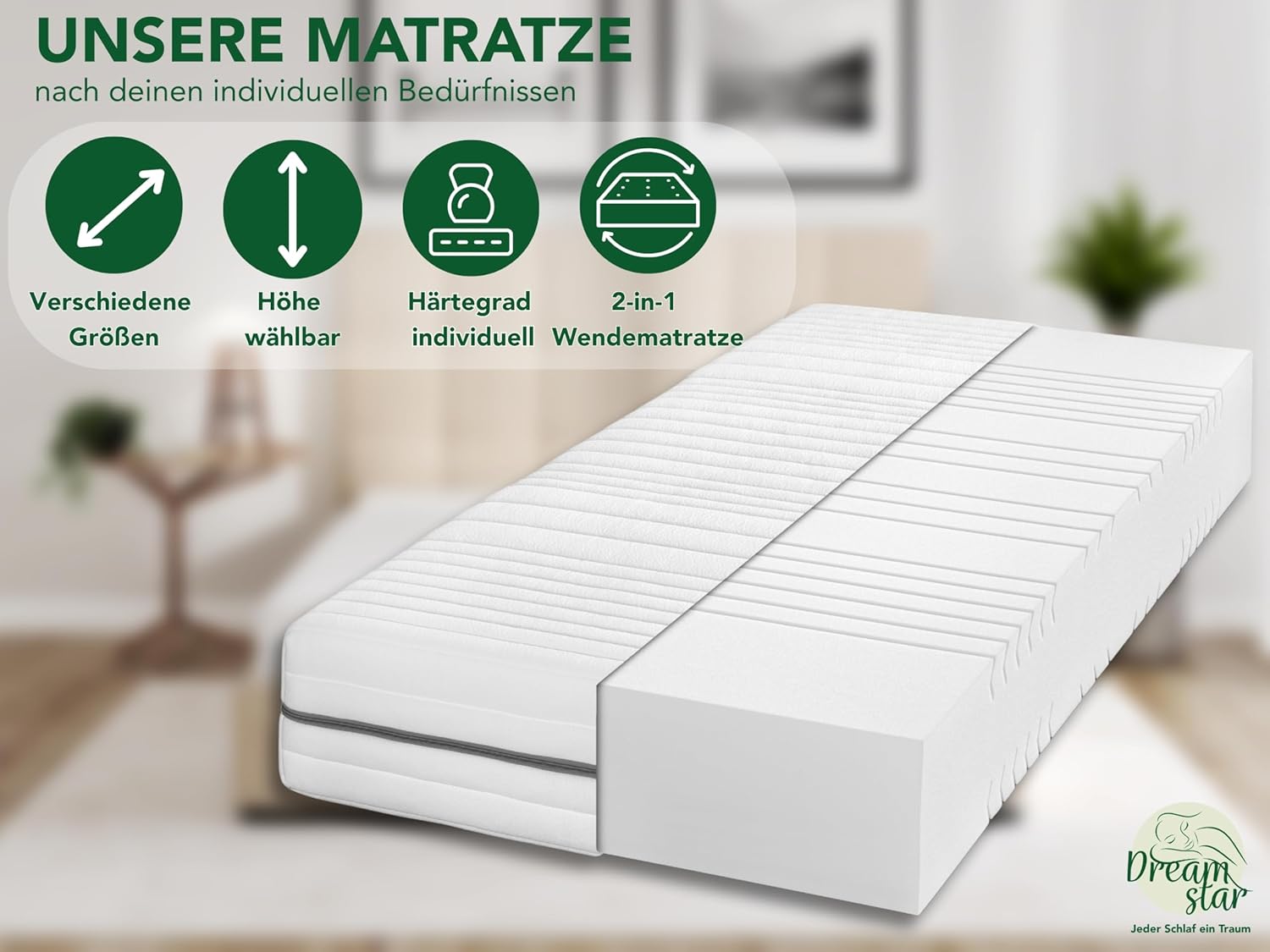 DREAMSTAR Kaltschaummatratze Vital Silber XXL 24 cm hoch| Ergonomische 7-Zonen Matratze aus Kaltschaum |Härtegrad 2 (H2) Öko-Tex Zertifiziert | Hypoallergen & Antibakteriell | 90 x 200 cm