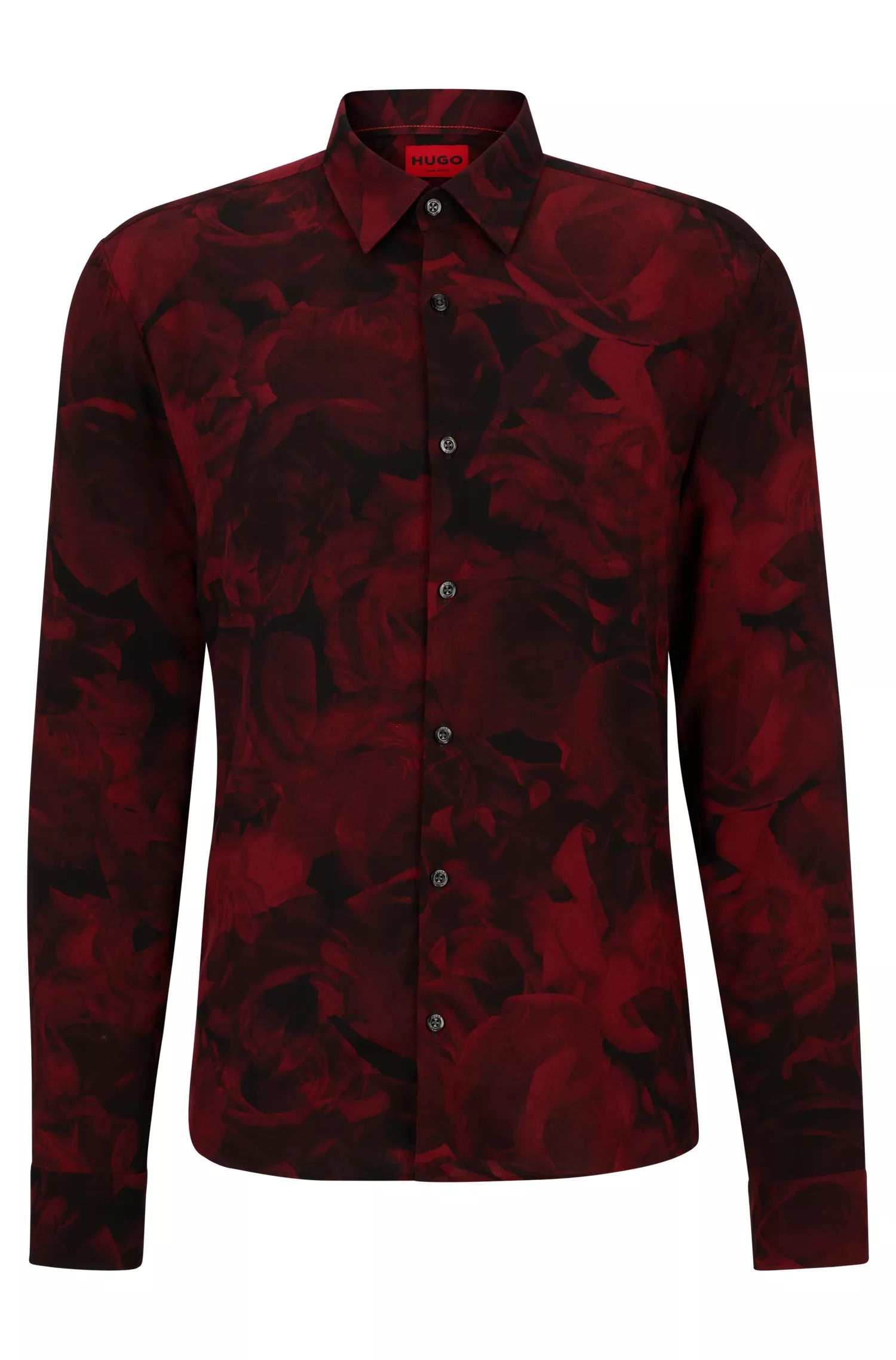 Camisa HUGO vermelha de corte slim em lona com estampa de rosas.