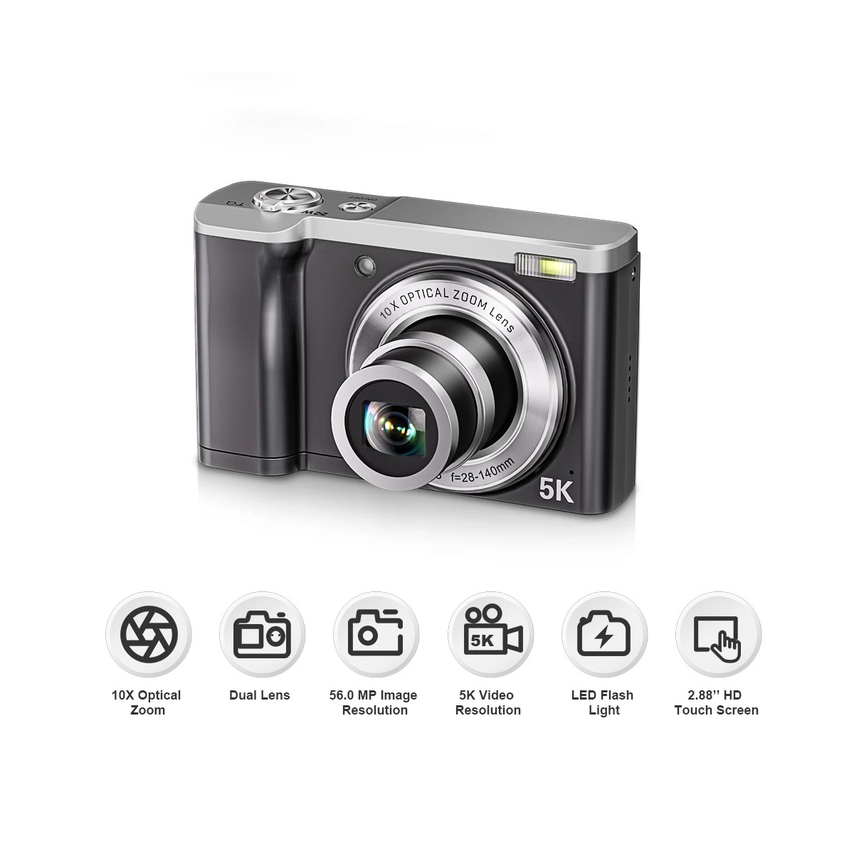 5K digitalkamera med 5X optisk zoom og anti-shake stabilisering