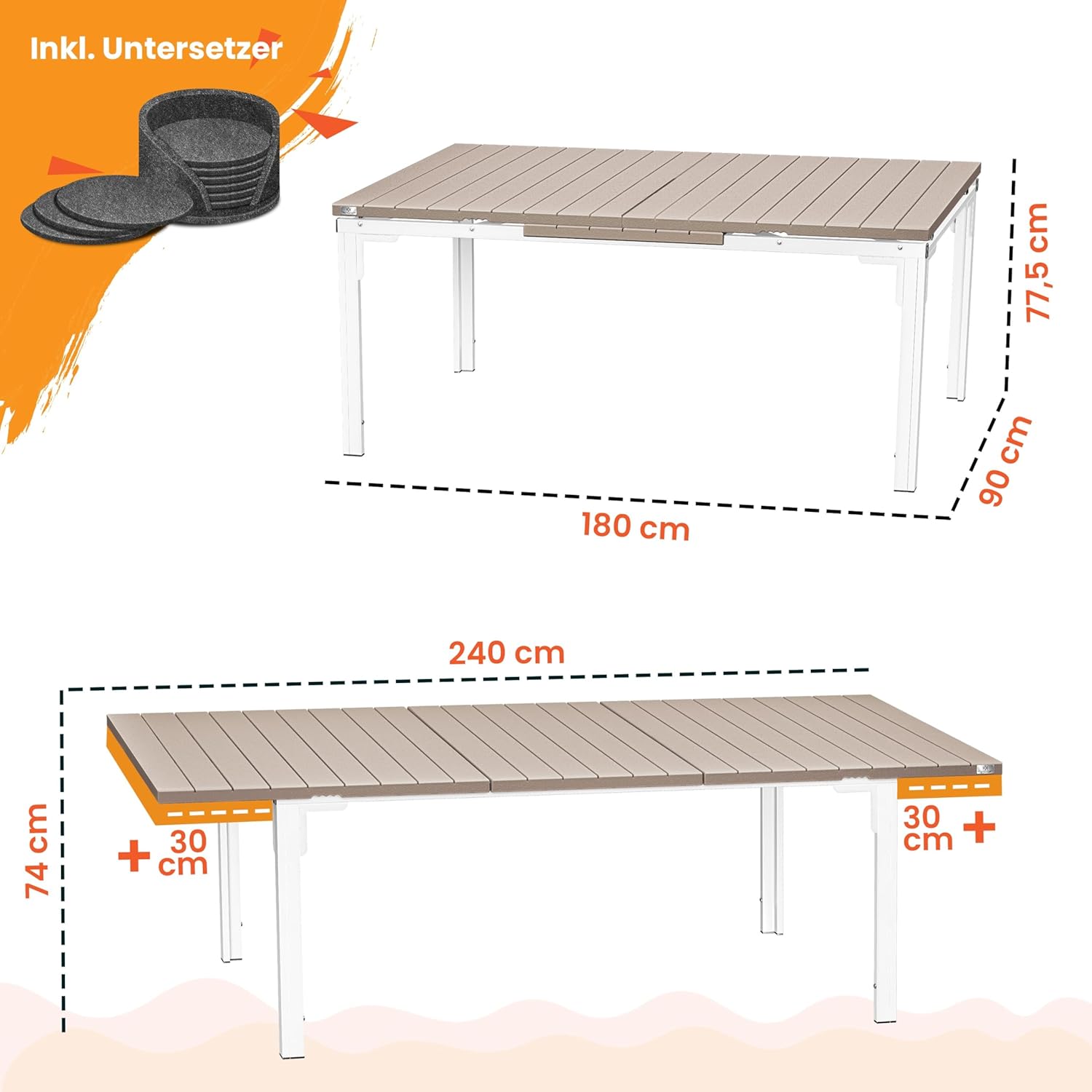 KESSER® Gartentisch ausziehbar Esstisch 180/240x90cm erweiterbar bis 8 Personen Ausziehtisch mit pulverbeschichtetem Stahl-Gestell & HDPE Tischplatte Wetterfest & UV-Beständig inkl. 6 Filz-Untersetzer