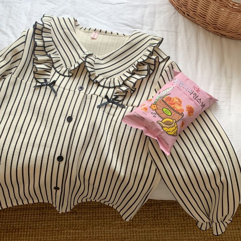 Sadelle - Bijpassende pyjamaset voor koppels: gestreepte top met lange mouwen en knoopjes + broek (verschillende ontwerpen)