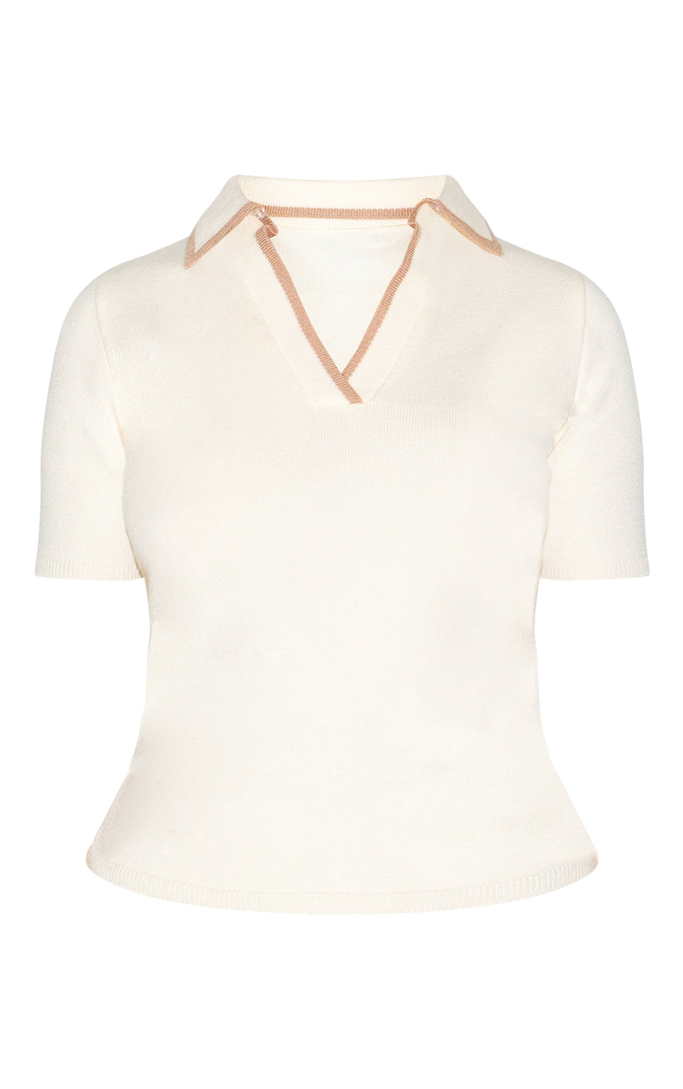 Crème Haut En Maille À Col Polo Contrasté