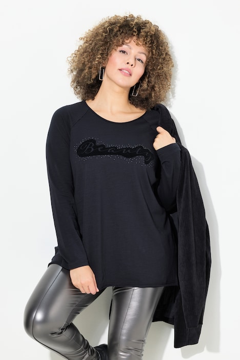 Shirt, Flockdruck, A-Linie, Rundhals, Langarm, offenkantig