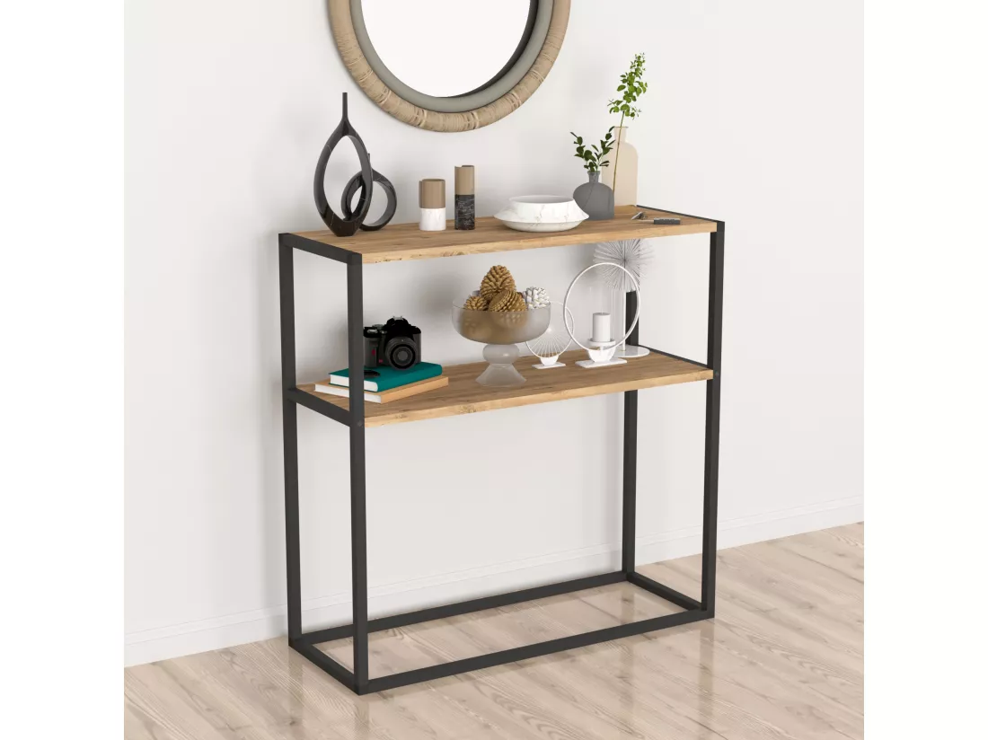 Table console Hemsedal avec surface de stockage 90 x 90 x 33,5 cm effet chêne [en.casa]