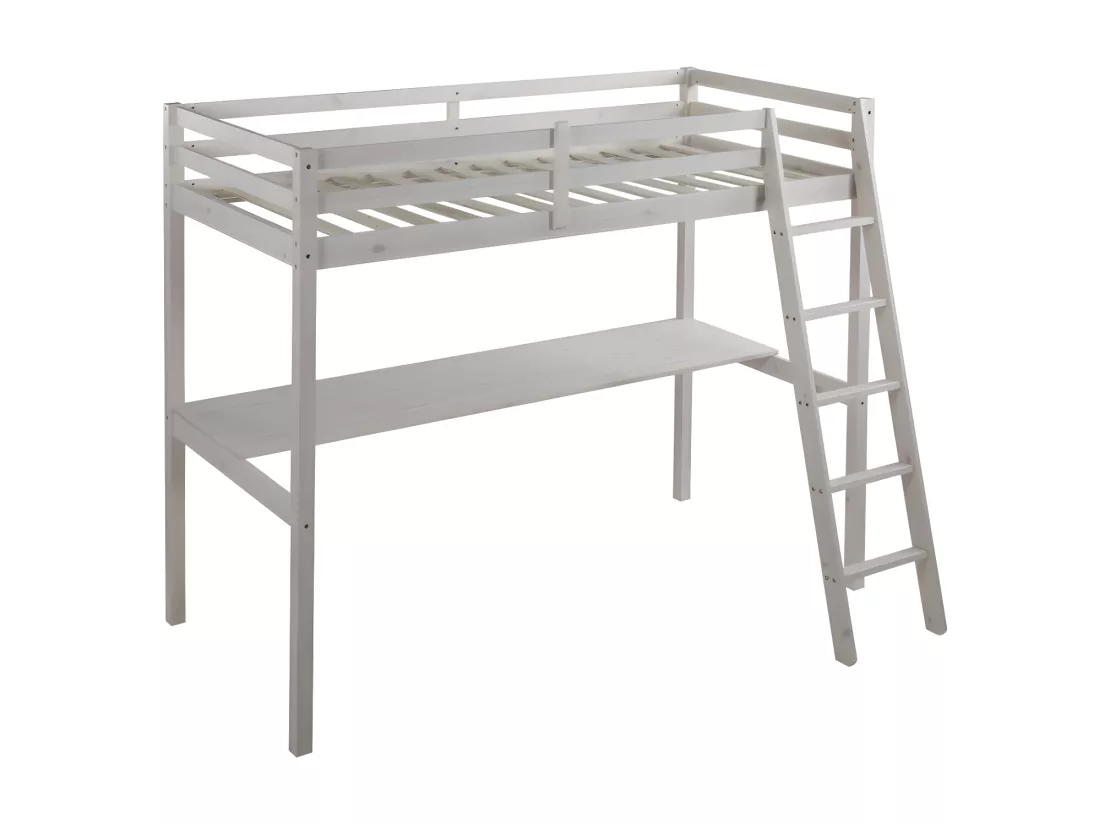 Lit mezzanine GEDEON II - 90 x 190 cm - Avec bureau - Pin massif - Blanchi