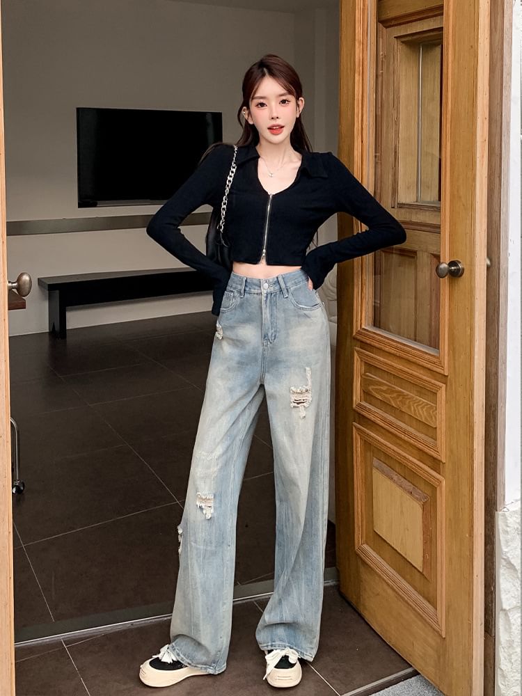 Wisjam - High Rise Ripped Washed Wide Leg Jeans