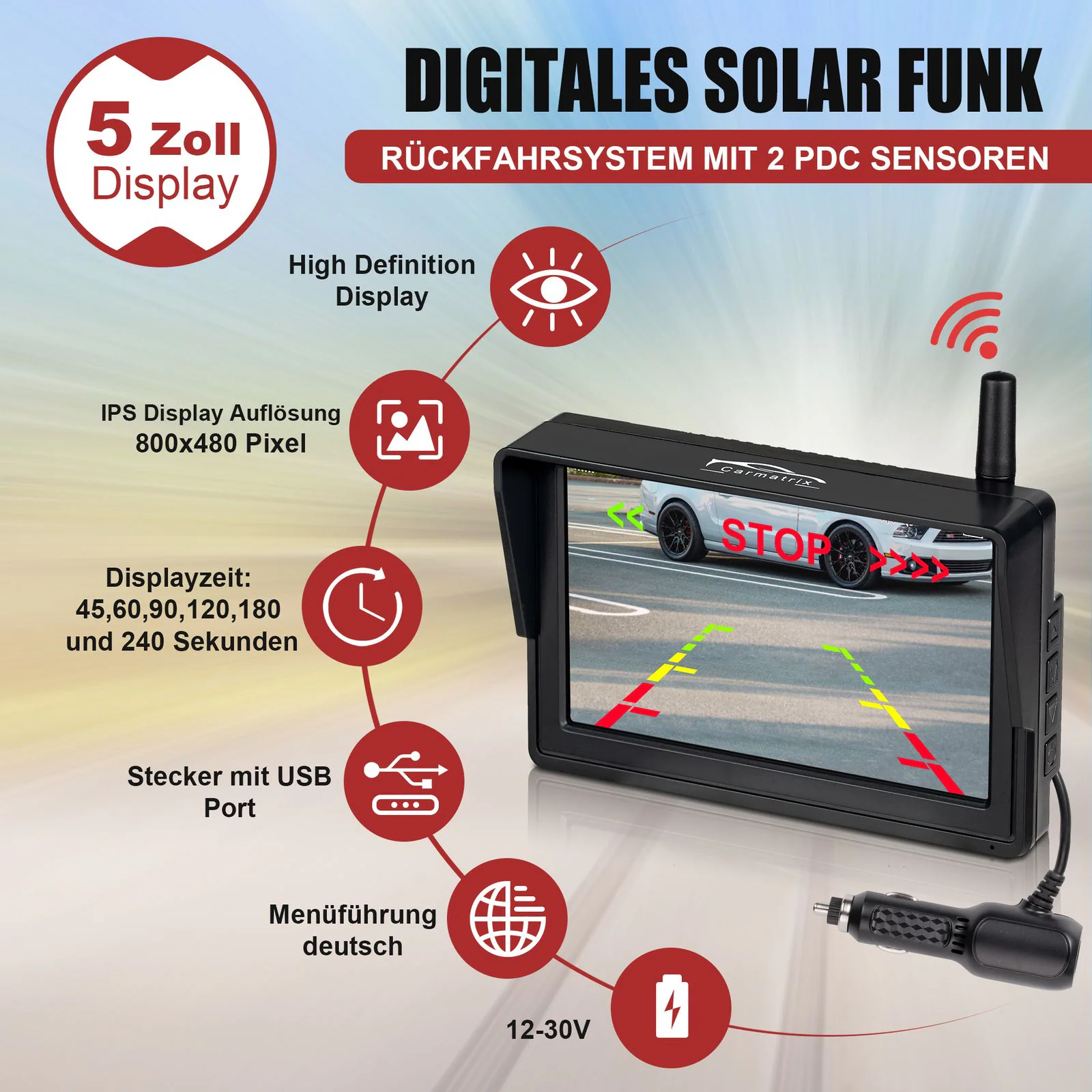 CARMATRIX Solar Funk Rückfahrsystem HD Rückfahrkamera im Nummernschild mit 2 PDC Sensoren Solarpanel