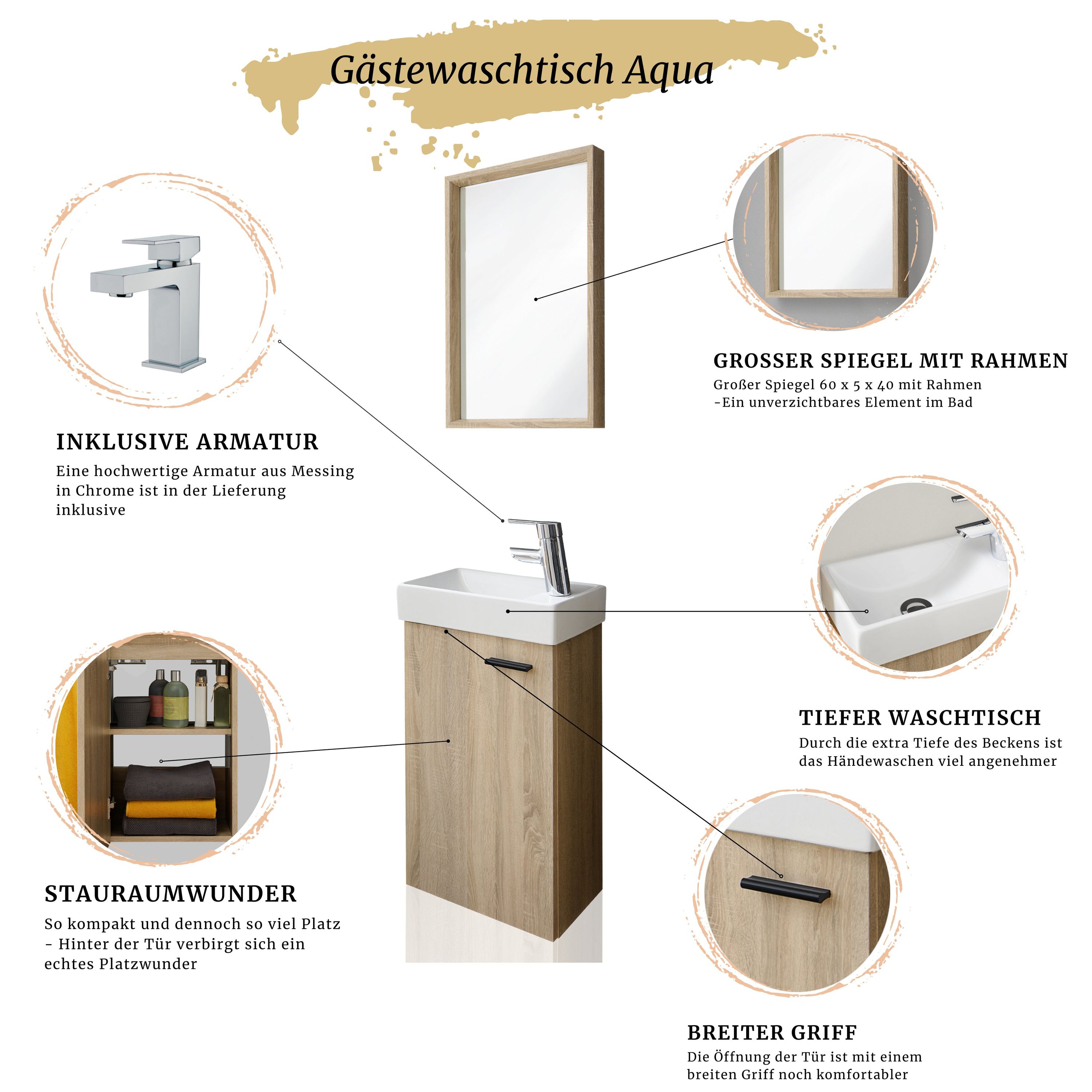 Gäste WC Badmöbel Set Waschbecken mit Unterschrank inkl. Armatur klein Sonoma